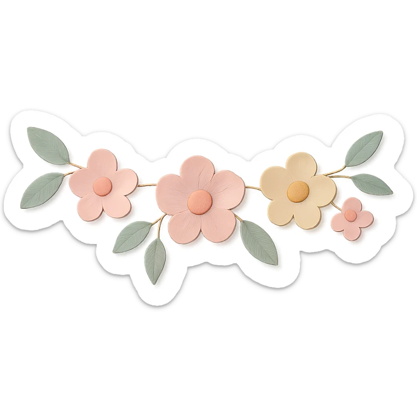wall floral garland with small leaves in a cozy café, soft pastel colors, paper craft style sticker