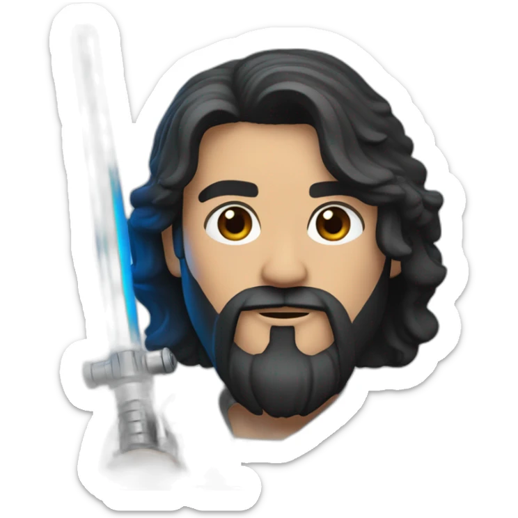 Moto A white Portuguese with black and medium-length hair and a beard that holds a blue lightsaber sticker