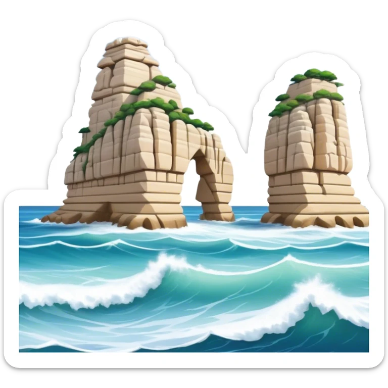 Cinematic Realistic Raouche Rocks, Beirut Landmark Emoji, depicting the majestic limestone rock formations rising from the Mediterranean Sea, with waves crashing against their bases under a vibrant sky. sticker