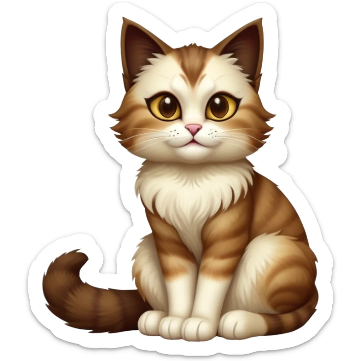 cinematic-[showshoe cat]-realistic-full-body-sitting-emoji,-tail-curled-playfully-around-its-paws,-head-tilted-dramatically,-fluffy-[brown mask]-fur,-simplified-yet-realistic-focused-features,-highly-detailed,-glowing-with-an-almost-sarcastic-glow sticker