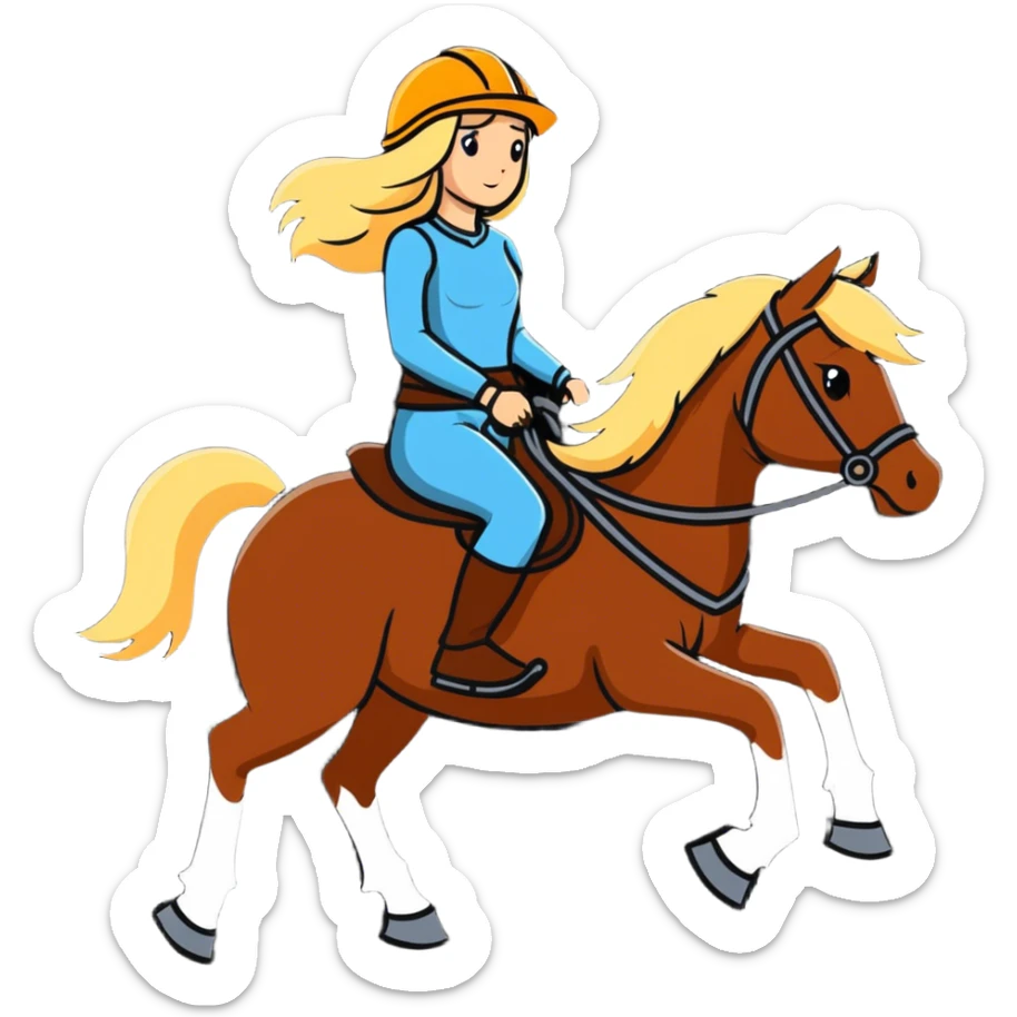 Blonde women with long hair and helmet riding dark brown horse sticker