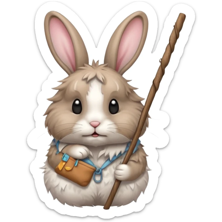 A fluffy rabbit with messy fur, carrying a patched little pouch tied to a stick, ears drooping but expression soft.
 sticker