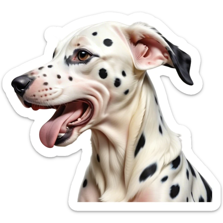 Cinematic Cute Yawning Spotted Dalmatian Portrait Emoji, Head tilted slightly with a dramatic, wide-open yawn, showcasing a smooth Fur of predominantly white with bold black patches, floppy ears slightly drooping, round eyes barely open in drowsy contentment, Simplified yet irresistibly adorable features, highly detailed, glowing with a soft, cozy glow, high shine, relaxed yet expressive, stylized with a touch of whimsy, bright and endearing, soft glowing outline, capturing the essence of a sleepy yet affectionate guardian, so drowsy it feels like it could stretch out of the screen and curl up for a nap! sticker