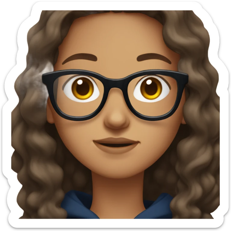 Girl with long brown wavy hair and dark blue glasses wearing a black hoodie  sticker