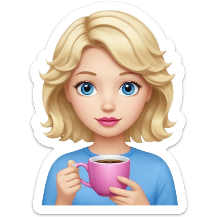 Girl Blonde short wavy hair,  blue eyes, cute blue top, long lashes, pink lips, holding hot coffee mug sticker