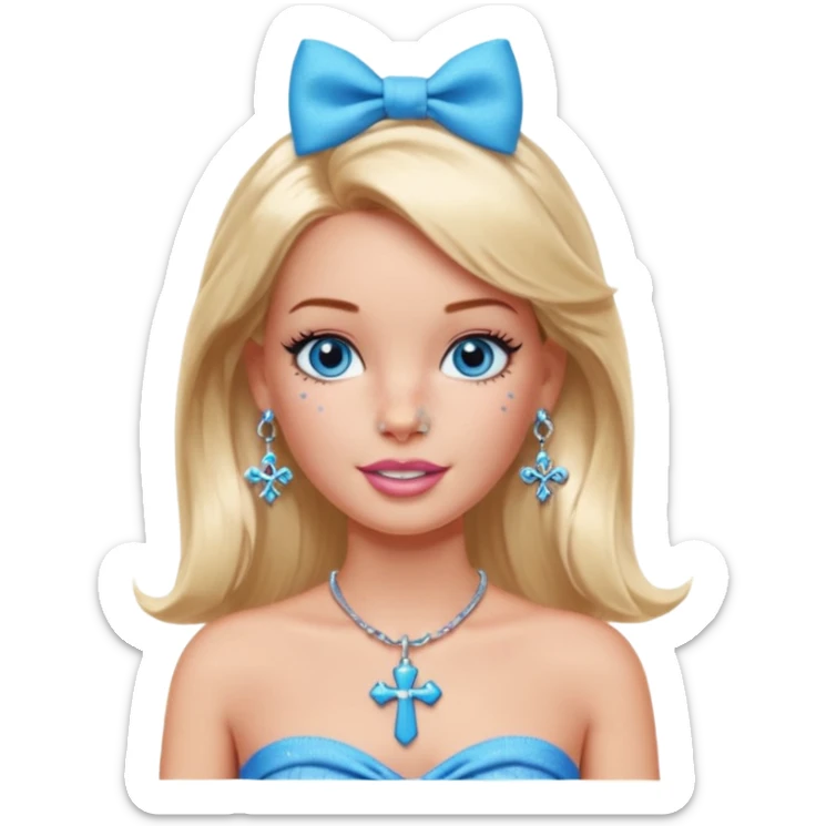 Barbie emoji with earrings and nose piercings and a cross necklace and blue eyes with bow in hair and tube top and long lashes with freckles  sticker