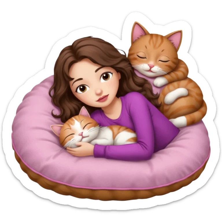 girl with long wavy brown hair, brown eyes, long lashes makeup, sexy pink lips, sleeping on a cozy pillow with 6 cats sticker