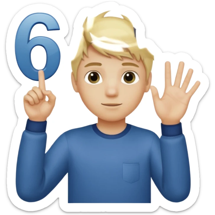 A boy with blonde hair holding up the numbers six on the left hand and 7 on the right hand  sticker