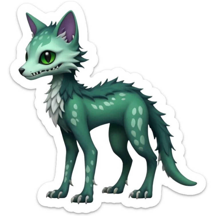 Kawaii spooky dark bleak blackish swampy white-skeletal gloomy ghostly dark greyish dark-deep-greenish foggy eldritch beautiful realistic edgy fantasy ghoul-like stitched feline-vernid-sergal-fursona animal creature with a tufted tail full body with intricate markings  sticker