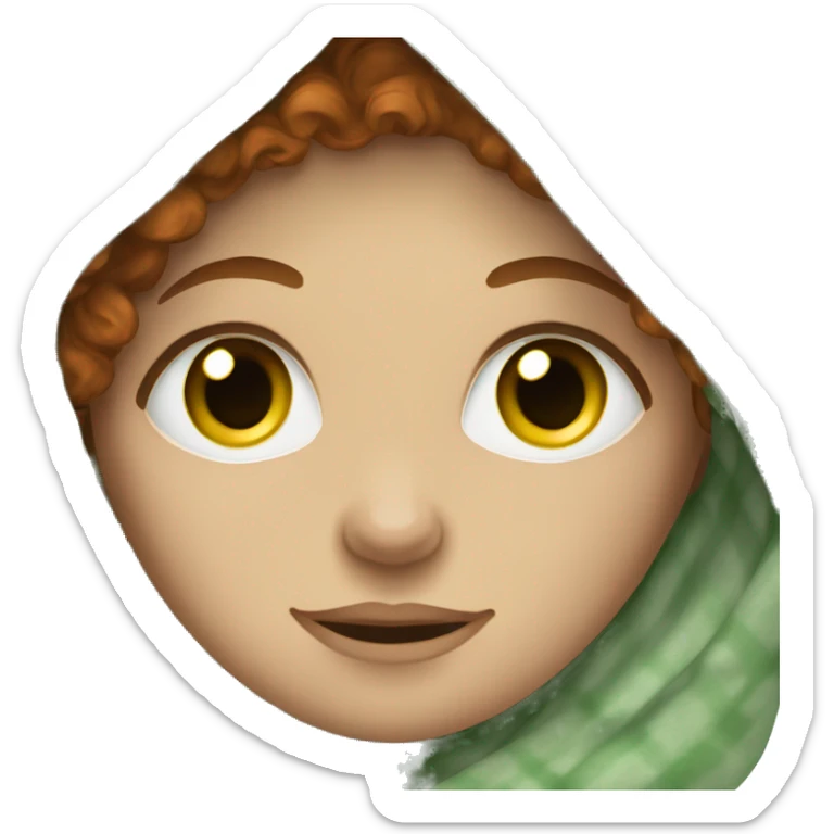 White woman with reddish brown curly hair and green greyish eyes, in a blanket sticker
