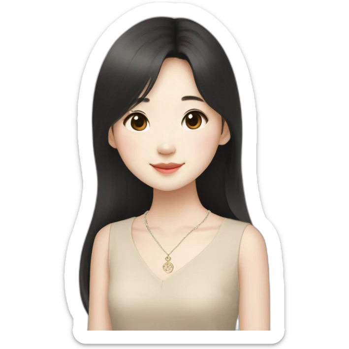 cute singaporean-chinese girl in Muji beige dress with straight long black hair and van cleef clover necklace sticker