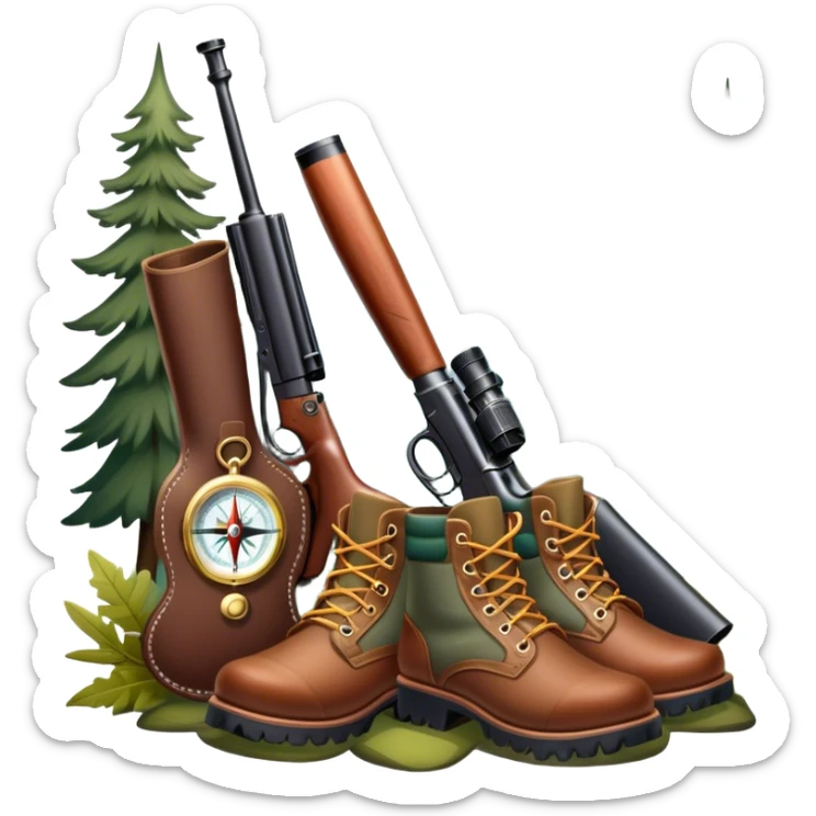 Icon for Hunting Tourism: a double-barrelled hunting rifle, hunting boots and a compass on a forest background, with a silhouette of wildlife in the distance. The icon should capture the adventure and connection with nature in hunting tourism. Transparent background. sticker