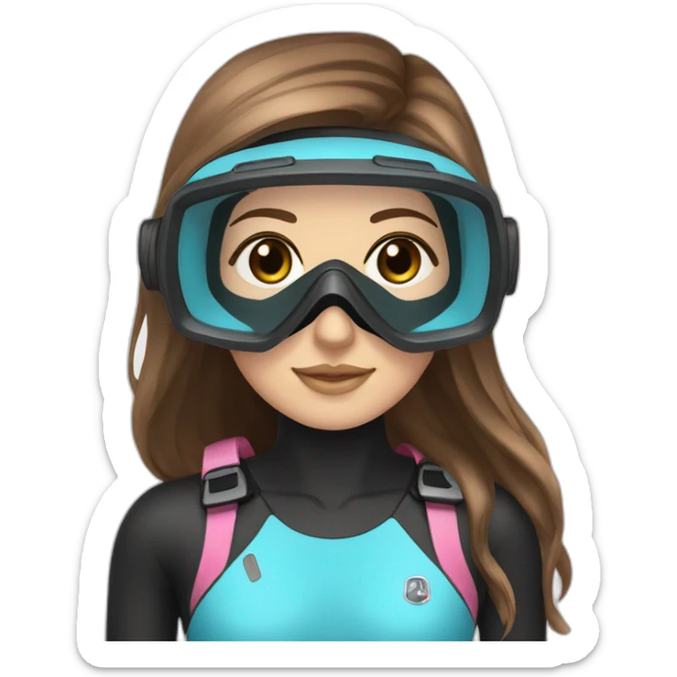 woman large brown and straight hair, black and pink diving mask with a single crystal, light blue eyes, scubadiving gear sticker
