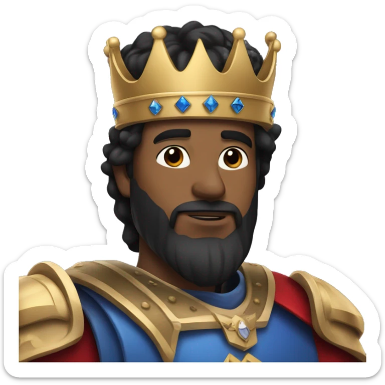 a king with a crown, wearing blue, almost purple and red armor, black hair and no beard. sticker