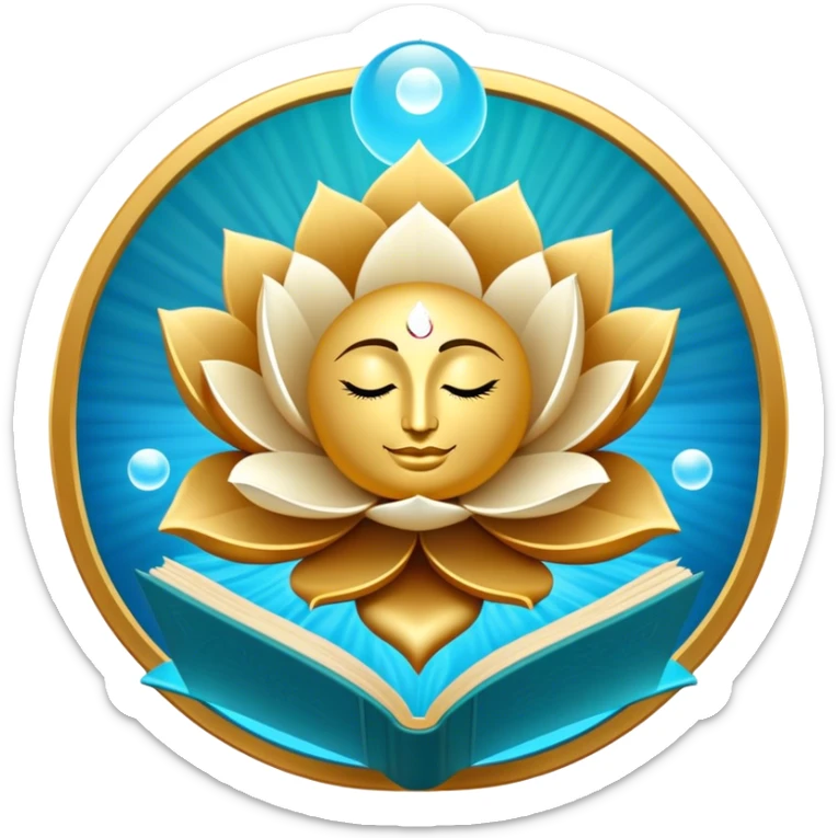 Un libro book dorado y azul celeste con detalles esmeralda, bordes luminosos y un símbolo de círculo zen, loto en la portada, irradiando presencia, tranquilidad y despertar espiritual.  sticker