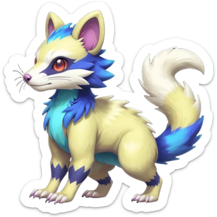Colorful luminescent glowing Trico-Sergal-Furret-Ferret-Wolverine-Vernid-furry-fursona-fusion-Fakemon-animal-hybrid-creature, full body sticker