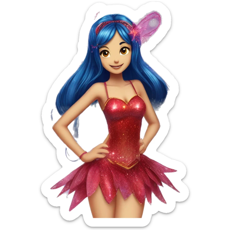 Musa asian adult fairy of music in her enchantix fairy red sparkling two-piece clothing and fairy enchantix wings and long dark blue hair in pigtails from winx club. Lots of sparkles and fairydust. Full body pic and full fairy bliss sticker