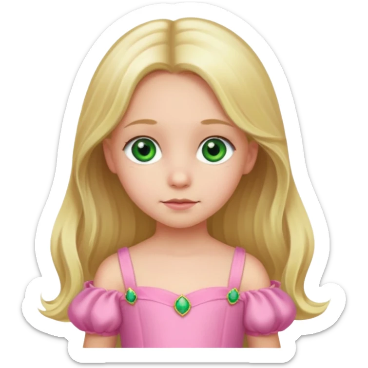 a 5 year old girl with long blond hair green eyes wearing a pink gown sticker