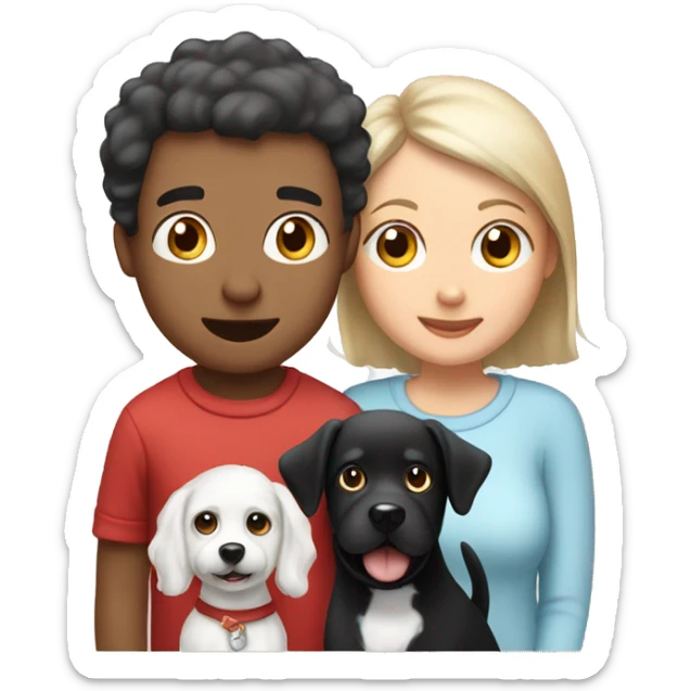 can you show me a cartoon drawing of a family with 1 teen boy and 1 teen girl 1 small white dog and 1 small black dog for a christmas card sticker