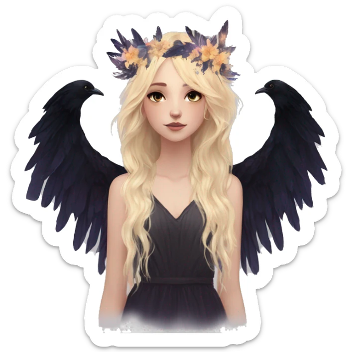 Black Raven wings bohemian Ethereal galaxy constellation girl blonde hair angel raven wings black wings, gold arrow, nebula, flower crown sticker