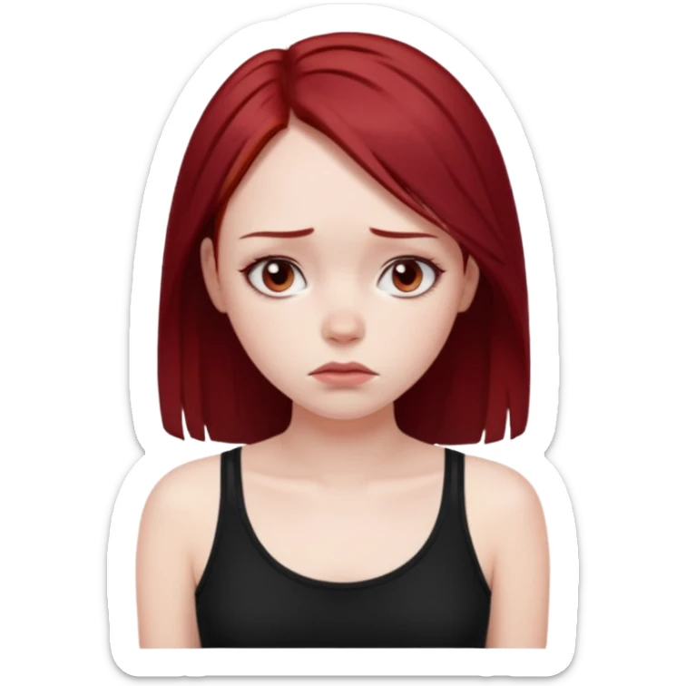 a pretty bratz fair girl with dark red straight hair, black cami top, looking sad sticker