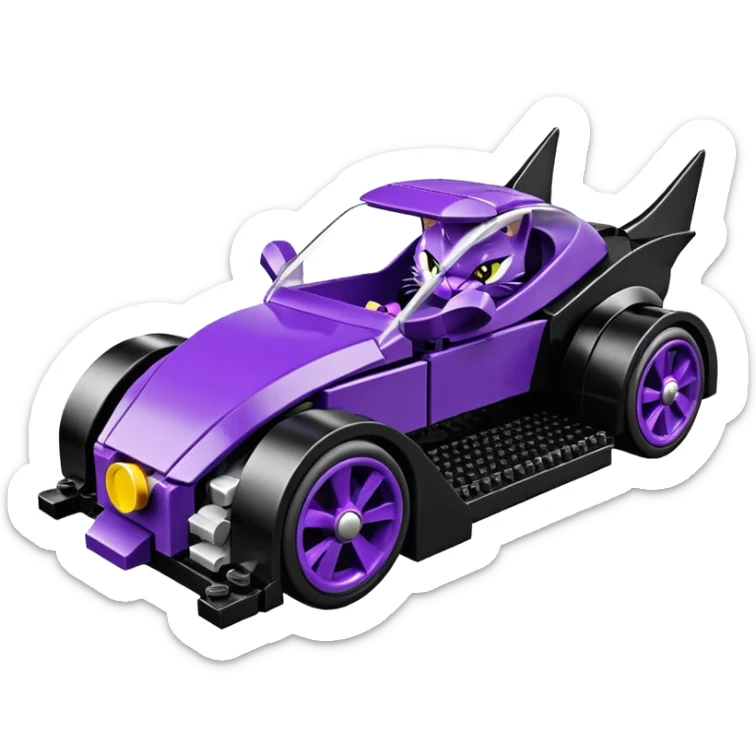 Hot rod Lego Cat Woman’s sporty futuristic pursuit mobile two seater car  sticker