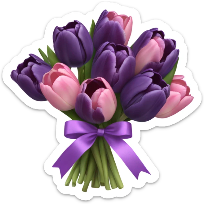 beautiful aesthetic bouquet composed of dark purple and light pink tulips tied with a silk purple ribbon sticker