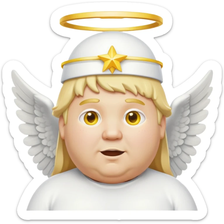 chubby man with blond hair, yellow eyes, white band outfit, tall white band hat, angel with melted halo and yellow wings, tooth cap sticker