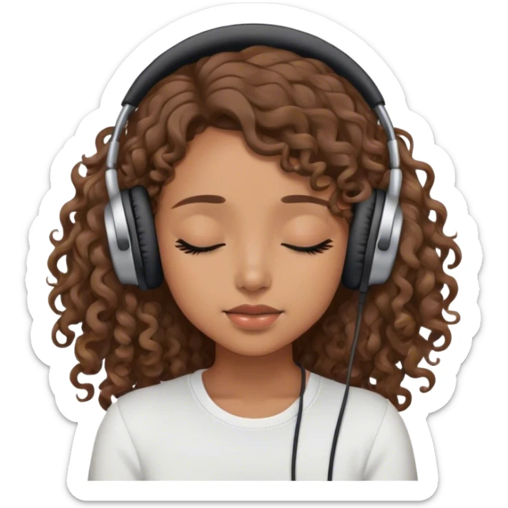 Light brown skin girl, long curly brown flat hair, eyes closed, headphones on listing to music sticker