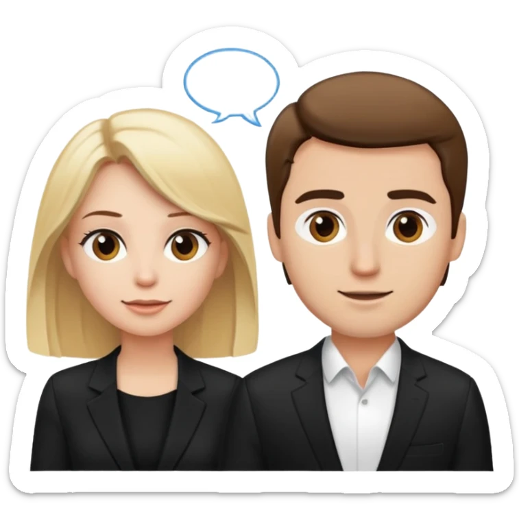 blonde woman in black suit talking to brown-haired man in white t-shirt sticker