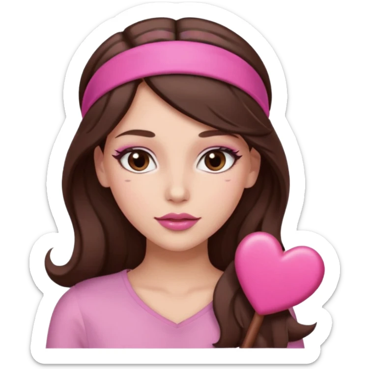 Pink and clothes emoji, inspired with brunette hair, brown eyes, long hair, heart shape lips and pink make up  and pink nails, mauve pink blush and a chocolate brown bandw sticker