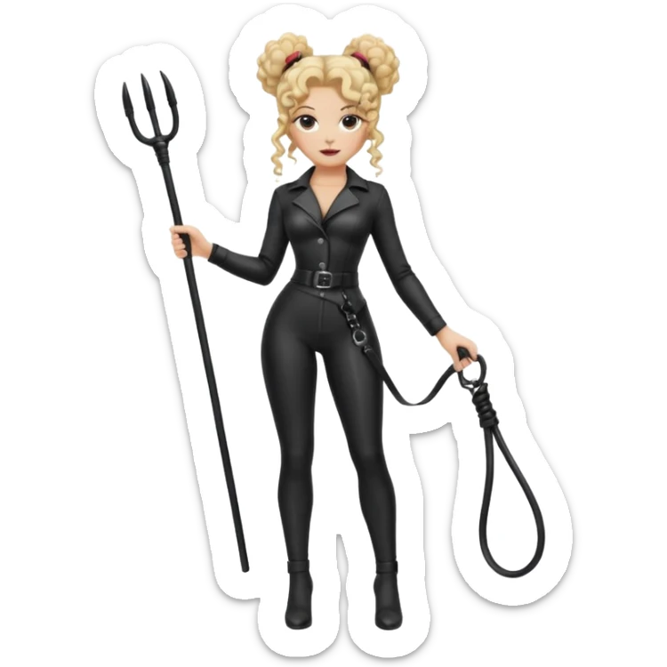  Dominatrix blonde curly hair in bun full body with 2 whips sticker