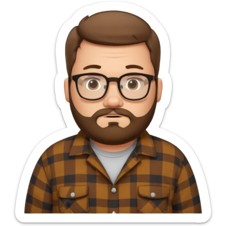 Fat white guy with glasses and short brown hair and beard wearing a cartoon flannel  sticker