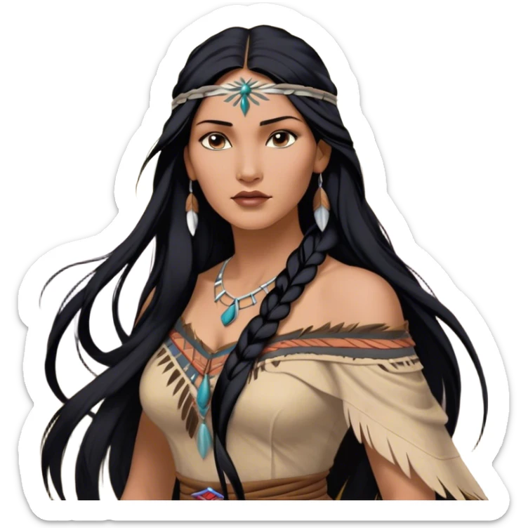 Cinematic Realistic Pocahontas Portrait, depicted with lifelike skin texture, soft natural lighting, and intricately detailed long, flowing raven-black hair that moves gracefully in the wind. Her deep, soulful dark brown eyes exude wisdom and strength, complemented by a serene yet powerful expression. She is dressed in her classic one-shoulder native american dress, with rich fabric textures and delicate beaded details that catch the light beautifully. The portrait features a soft, sun-kissed glow with a natural, radiant finish, capturing the essence of untamed beauty and deep connection to nature in a realistic and painterly style, evoking a sense of depth and authenticity. sticker