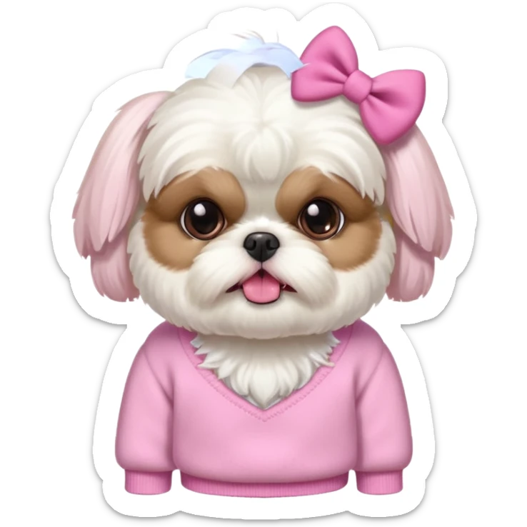 little all white shih tzu with pink bows & sweater tongue sticking out sticker