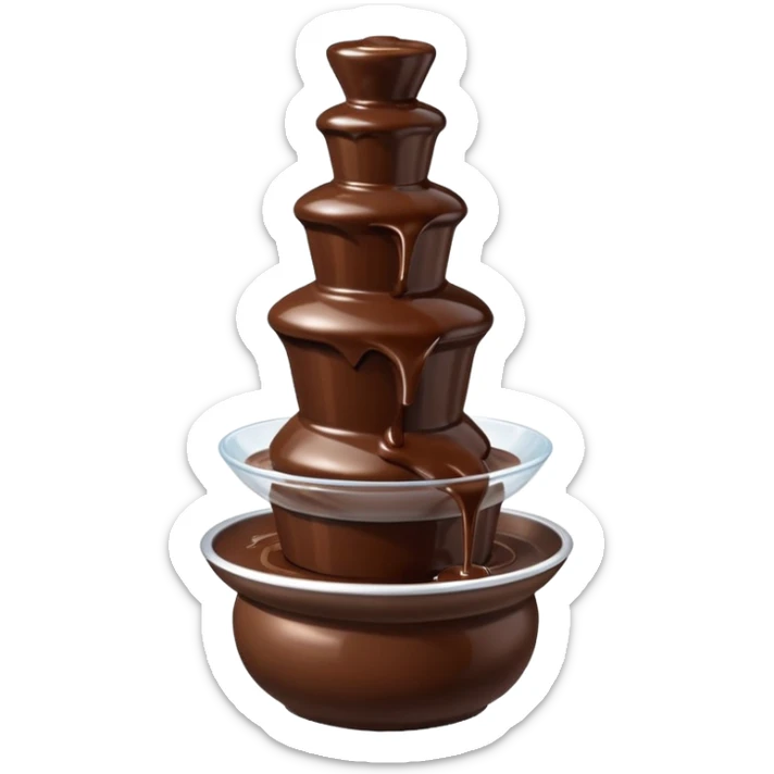 3D render of Chocolate Fountain, made entirely of dessert materials, glistening sugar crystal texture, flowing liquid dark brown chocolate, delicious confectionery aesthetic, Apple emoji style, isolated on white background --v 6.0. sticker
