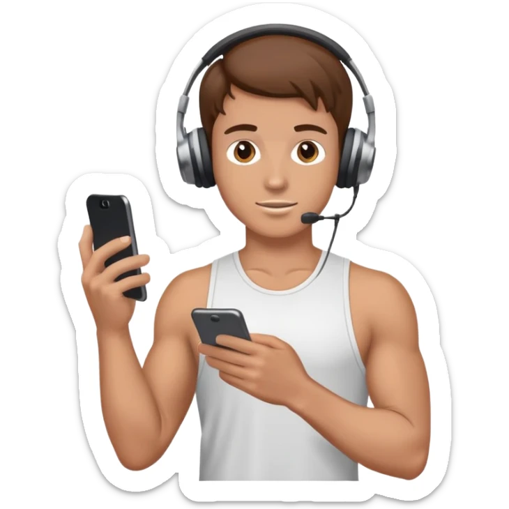 White Boy with brown hair holding phone, headphones on at gym sticker