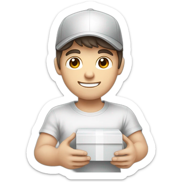 Pale skinned fit Man with dark brown hair in a white cap, gray jeans and gray polo T-shirt keeping a pasted with tape box into his hands sticker