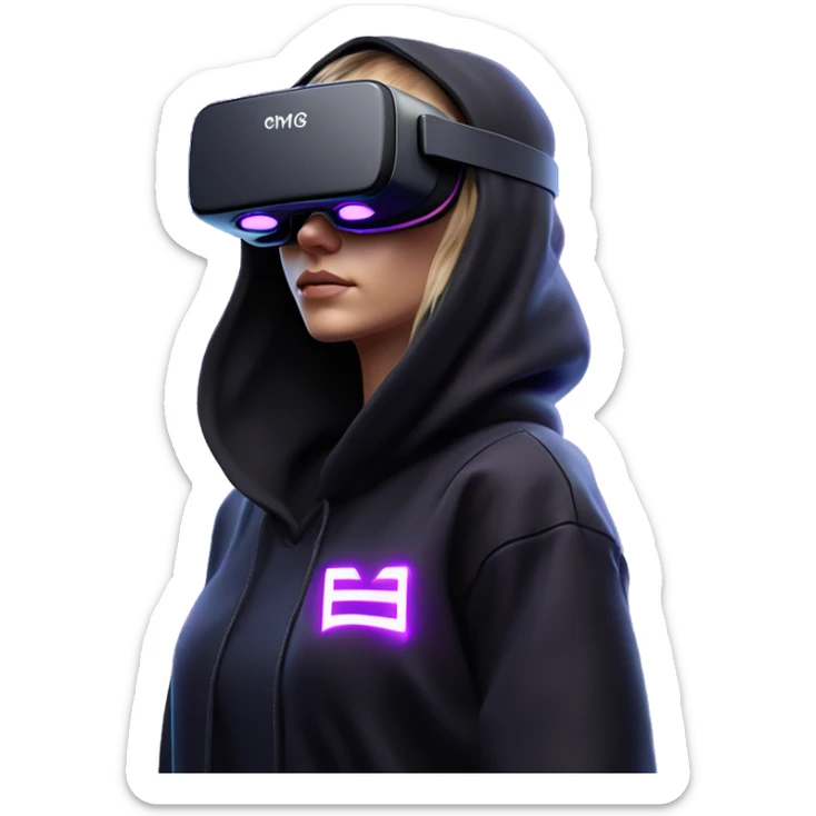 Russian girl wearing black hoody with violet letters "OMG", in vr headset oculus quest2. Standing like jedi. Cyberpunk style. Violet neon. sticker