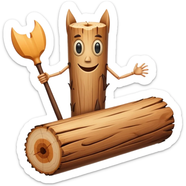 The character is an anthropomorphic wooden log with a cartoonish face, human arms and legs, and a long wooden bat, giving it a surreal, humorous appearance. sticker