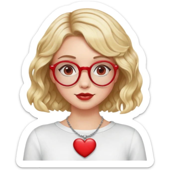white girl head with short wavy blonde bob hair, red round glasses, heart necklace sticker