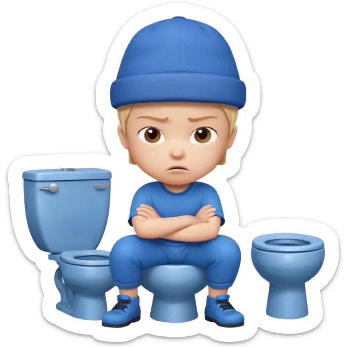 3D cartoon child character in blue outfit and blue hat, sitting on a toilet, looking angry with crossed arms, pastel background, preschool animation style." sticker