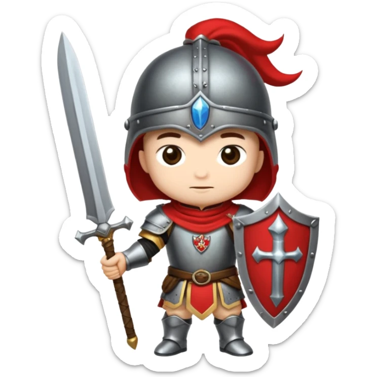 Um guerreiro estilo chibi/cartoon, vestindo armadura prateada brilhante, com capacete medieval e um penacho vermelho no topo. O personagem faz uma cara sério, chocado " :| ". O fundo é preto, destacando bem o personagem. sticker