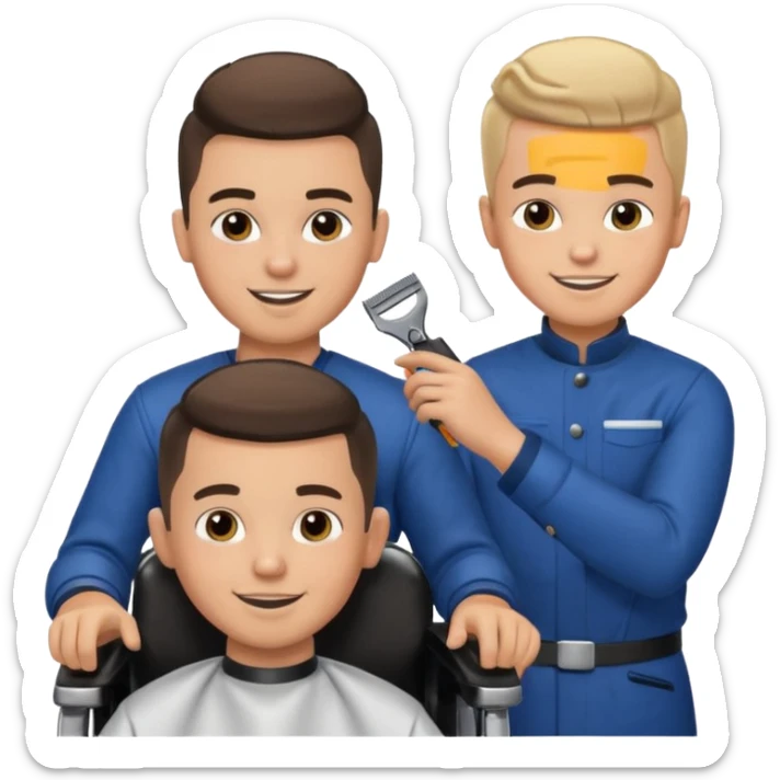 Barber cutting boys hair. Show the boy sat in black barber chair and both having smiles on their faces sticker