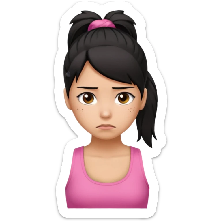 A tan girl with black hair in a ponytail. Wearing a pink tank top. Looking sad sticker
