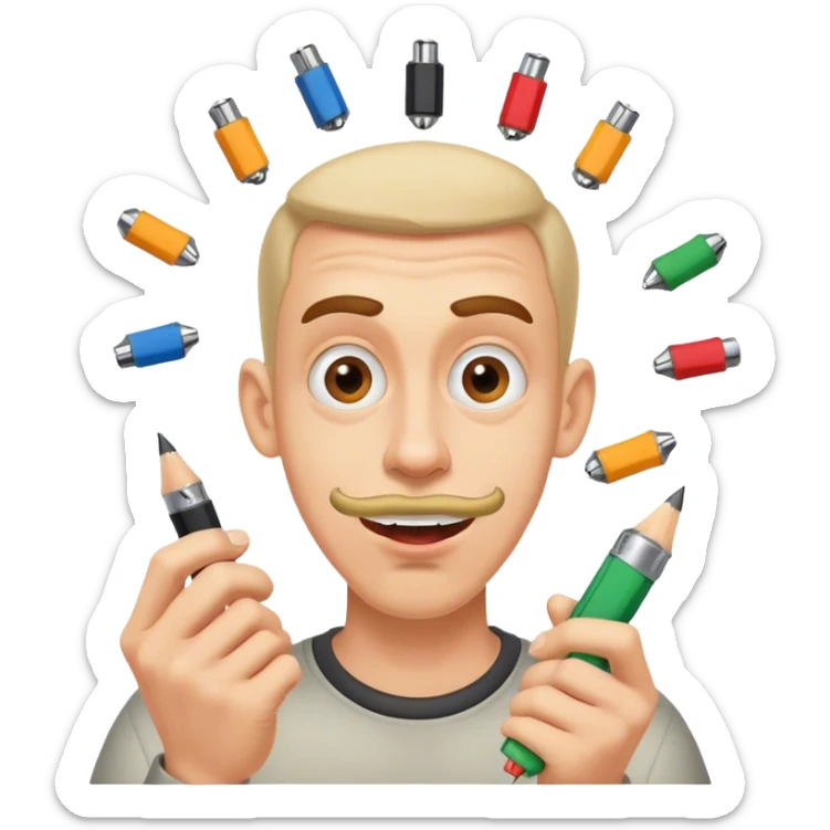 Can you craft me an emoji of a kind of goofy looking guy that is juggling with pencil sharpeners sticker