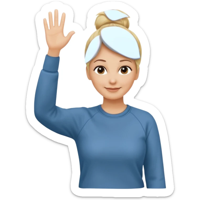 50 year old blonde woman with bun in casual clothes and sweat shirt waving sticker