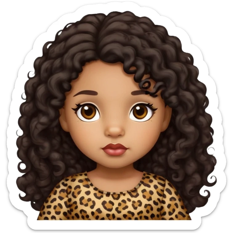light brown skin tone, very adorable toddler, with big plump lips, long long lashes, black curly hair, middle hair parting, brown eyes, leopard print dress sticker