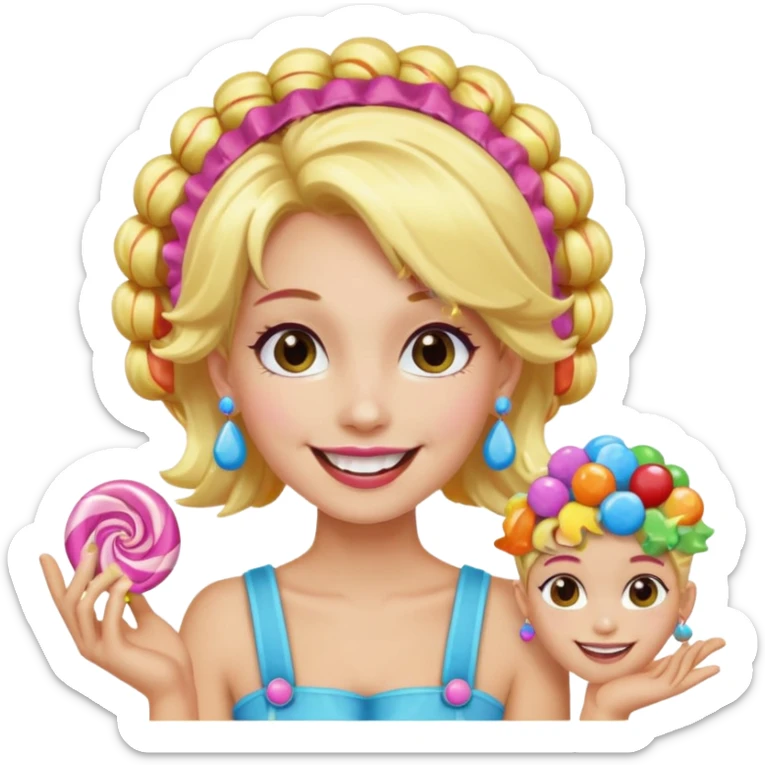 candy shop vendor, looking like candy with candy earrings and candy hair with big smile and blond hair sticker