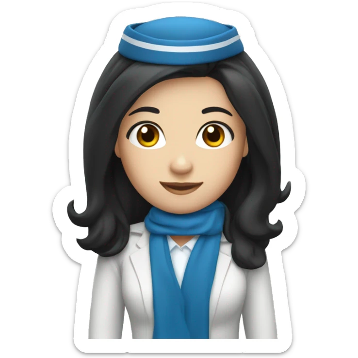 Flight attendant with long black hair, white skin and a blue uniform and a scarf sticker